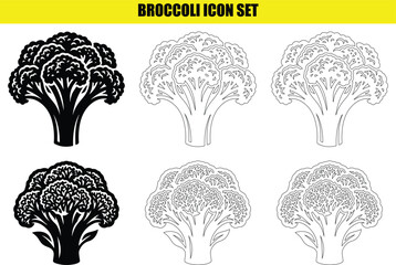 Broccoli icon set showing florets and stalk vegetable in black and white line art style. © MonirVector
