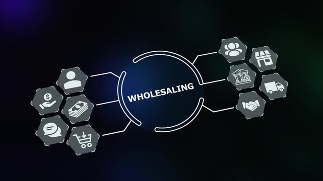 B2B wholesaling business network banner with bulk supply chain digital icons.