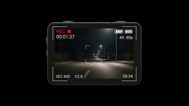 Night Vision Camera Recording of a Dark Road with Streetlights.