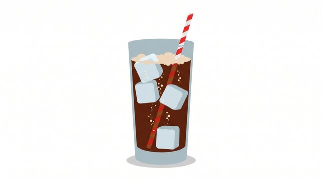 Refreshing cola drink with ice cubes and a striped straw in a tall glass on a white background