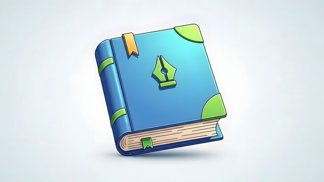 3D Isometric Blue Book Icon with Pen Nib Symbol for Education and Creative Writing Concept