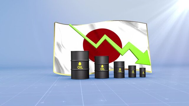 Japan Oil Price Falling with Oil Barrels Downward Green Arrow and 3D Financial Data Visualization Graphs for Economy and Business Concept