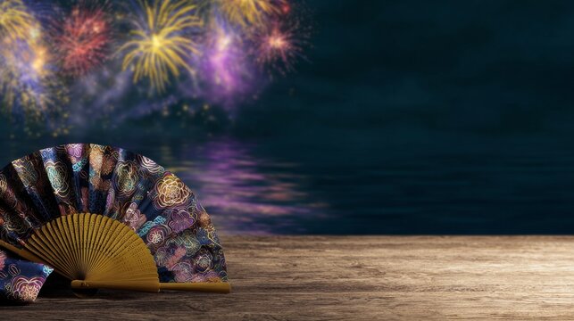 yukata. Folded fan and yukata sleeve on doorstep with fireworks over Sumida River, Tokyo summer celebration. event programs, museum guides, designed for cultural heritage projects and event programs.
