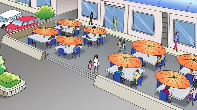 An aerial view of an outdoor restaurant with orange umbrellas. People are dining at tables, while a yellow car drives along the street in the foreground