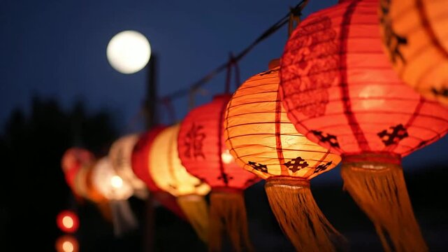 Colorful Traditional Chinese Paper Lanterns Hanging In A Row Against A Night Sky With A Full Moon For Festivals And Cultural Celebrations
