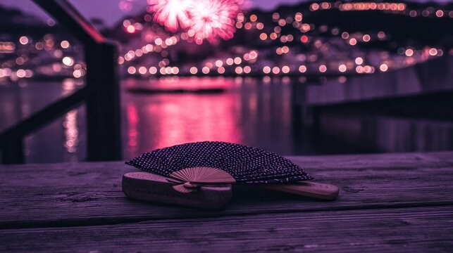 yukata. Folded fan and yukata sleeve on doorstep with fireworks over Sumida River, Tokyo summer celebration. event programs, museum guides, designed for cultural heritage projects and event programs.
