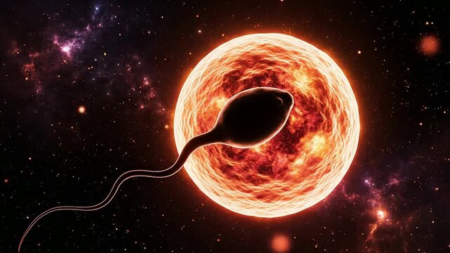 Cosmic Visualization of Egg Cell Resembling a Glowing Sun with Sperm Cell Approaching in a Starry Space Background