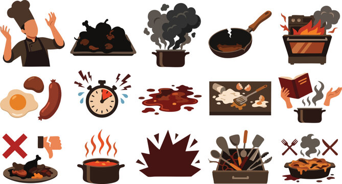 Burnt food icon set vector with overcooked meals kitchen accidents fire smoke and failed recipes for culinary disasters