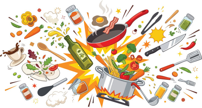 Cooking explosion vector with flying food ingredients pan pot vegetables olive oil and kitchen utensils in comic style