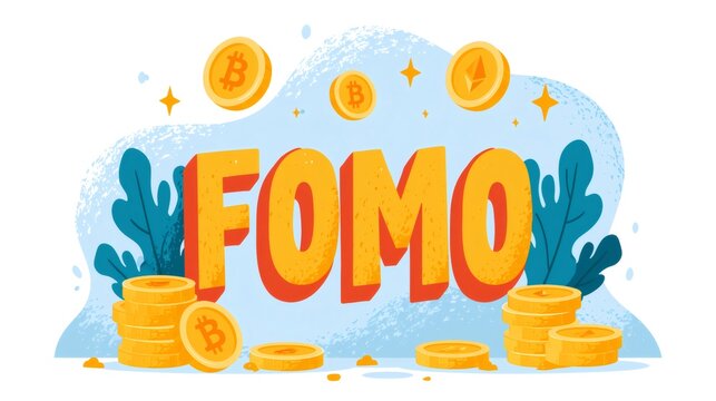 Fomo text with cryptocurrency coins and leaves