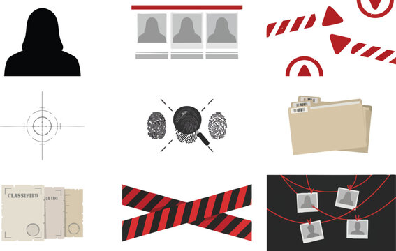 Crime investigation set with police tape detective evidence folder and forensic fingerprints on dark background graphics