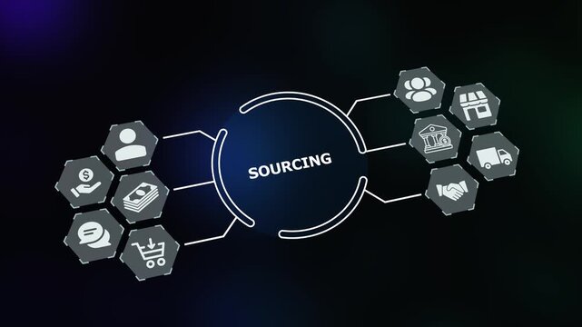 Business sourcing infographic banner with digital technology icons on dark background