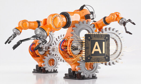 Smart Factory Automation Concept: Industrial Robotic Arms and Gears Powered by Artificial Intelligence Microchip