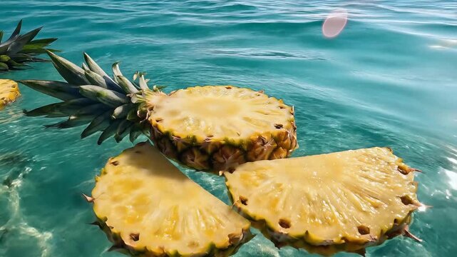 Refreshing tropical fruit slices floating in clear blue water with sunlight reflections