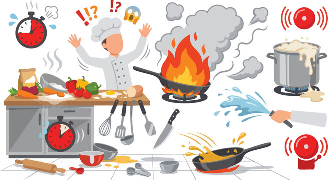 Kitchen nightmare vector with panicked chef fire on stove smoke alarms boiling over pot messy counter and water splash