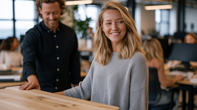 Ergonomics coach adjusting a standing desk for an employee who looks visibly relieved, workplace wellness program implementation shown candidly in an open office environment,
