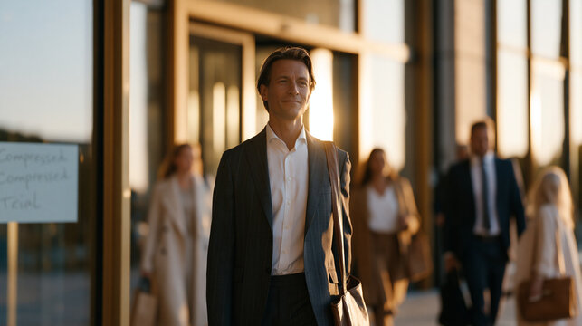 Four day work week pilot program launch captured as employees stream out of an office building on a Thursday afternoon carrying bags and looking visibly lighter, a handwritten