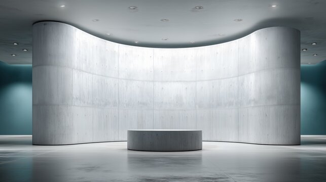 Minimalist curved concrete interior with soft ambient lighting and central podium in spacious modern hall Concept of contemporary architecture