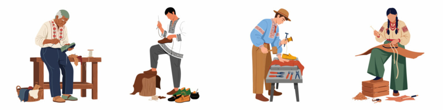 Set of traditional artisans and shoemakers in ethnic costumes crafting handmade leather footwear using vintage tools and techniques, isolated on white background.