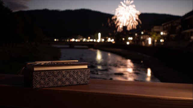yukata. Folded fan and yukata sleeve on doorstep with fireworks over Sumida River, Tokyo summer celebration. event programs, museum guides, designed for cultural heritage projects and event programs.
