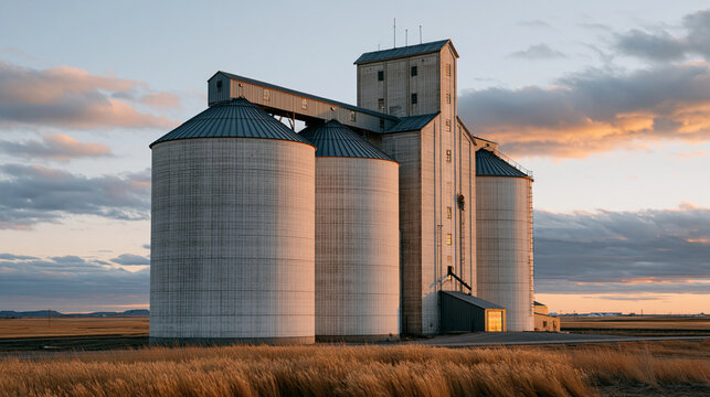 Towering concrete grain elevator facility at golden hour with lone maintenance worker in hard hat ascending exterior ladder checking structural bolts autumn harvest season