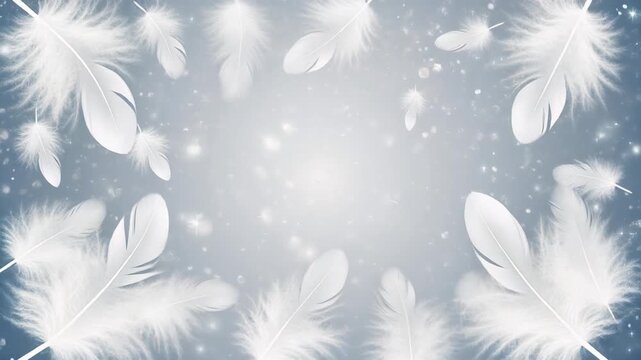 Seamless Loop of White Feathers and Silver Glitter Floating on Light Blue Background, Elegant Feminine Christmas Motion Graphic in Full HD