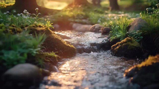 Tranquil Forest Stream: A gentle stream flows over moss-covered rocks, sunlight dappling through the trees, creating a serene and magical forest ambiance.