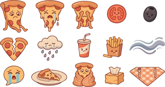 Sad food character icons featuring pizza slices crying and feeling lonely for unhealthy diet and emotional eating concept