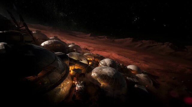 Futuristic Dome Habitats Glowing under a Dark Starry Sky on a Desolate Red Planet Surface