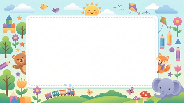 Cute Kids Playground Education Border Background with Animals and Large Copy Space
