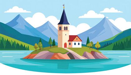 Naklejka premium Small church on a lake shore.