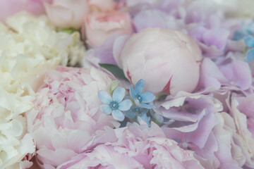 Beautiful delicate wedding bouquet with pink peonies and blue flowers close up © Ruslan