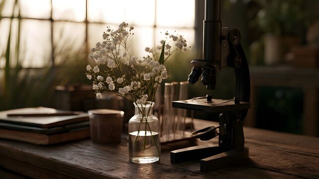Atmospheric study of vintage scientific equipment and test tubes featuring warm earthy textures and rustic tones