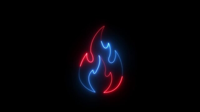 Glowing blue and red Neon Fire Icon Animation with Flickering Flame Ring on Black Background 4K Loop motion..