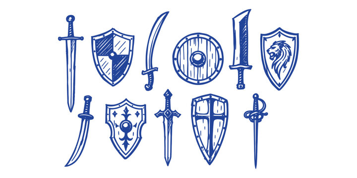 sword and shield elements medieval weapon doodle icon set vector illustration