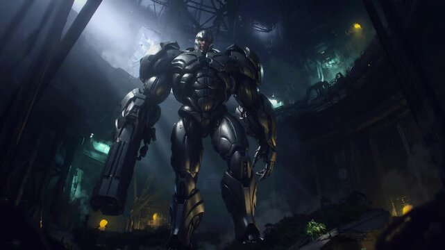 Giant Metallic Robot Warrior Standing in a Dark, Atmospheric Sci-Fi Cavernous Environment Cinematic Rendering