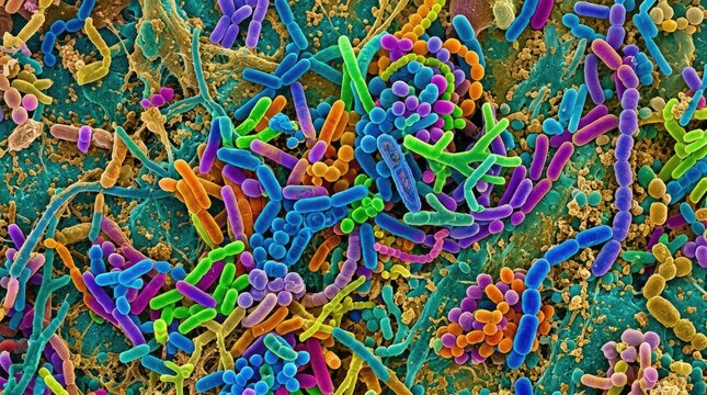 A scanning electron microscope image reveals a dense community of diverse bacteria on a textured surface.