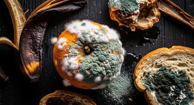 A decaying orange, a piece of moldy bread, and spoiled banana peels rest on a dark wooden surface.