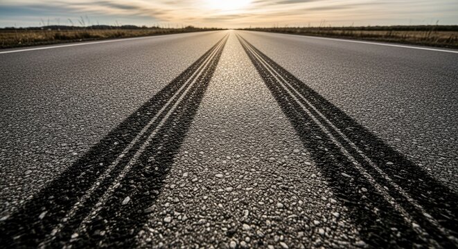 A long asphalt road stretches into the distance, creating a strong sense of perspective. Two parallel tire tracks mark the center of the road, casting dramatic shadows.