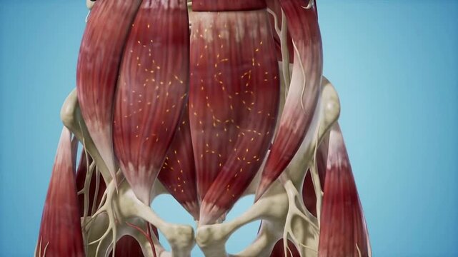 Detailed 4K Visualization of Psoas Muscle Exhibiting Intricate Capillary Density with Subtle Glow Emphasizing Anatomical Structure in Solid Background