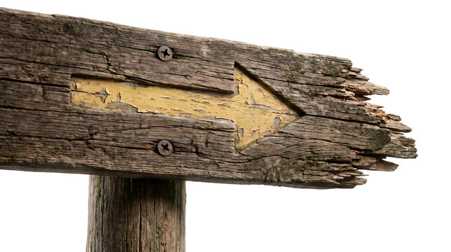 Weathered wooden signpost with arrow carved pointing right as PNG asset