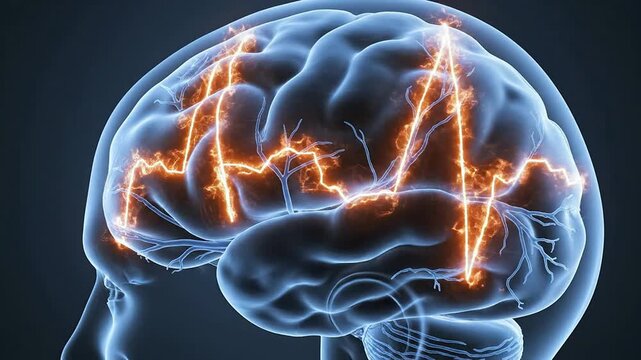 Detailed CGI Cross-Section of a Human Brain Focusing on the Temporal Lobe with Shimmering Electric Signals Representing Neural Activity
