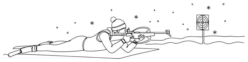 Biathlon athlete shooting from prone position continuous one line drawing, winter sports rifle shooting competition minimalist line art © ----WWWLINE----