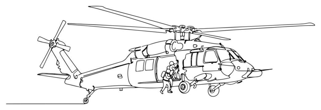 Military rescue helicopter with crew continuous line drawing, transport chopper and aviation minimalist illustration, army air support sketch