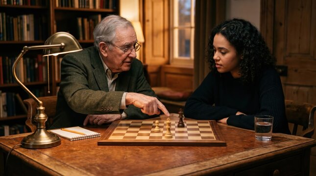 Older man teaching young woman chess in cozy wood paneled study, mentor pointing to chessboard while student listens attentively during focused lesson at table