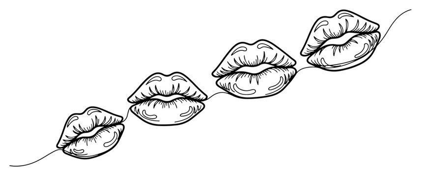 Multiple female lips and kisses continuous one line drawing, beauty and makeup concept minimalist fashion illustration