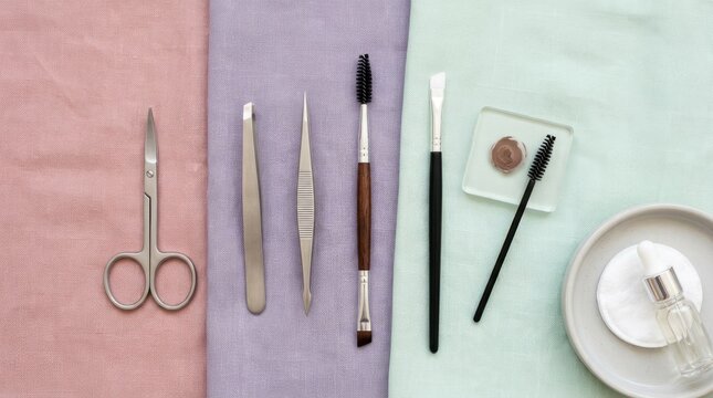 A collection of eyebrow grooming tools rests on a textured fabric background.