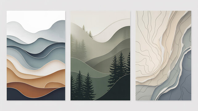 Abstract Mountain Landscape Triptych with Earthy Tones