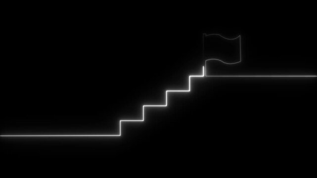 Glowing neon Success stairs sign with flag icon animation on black background