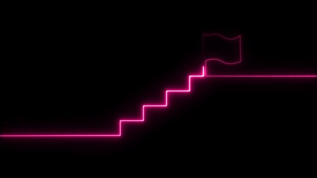 Glowing neon Success stairs sign with flag icon animation on black background